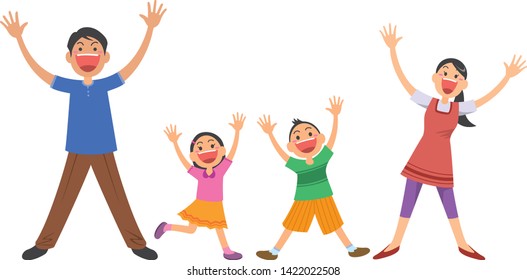 Image illustration of a happy family of four. (Whole body) (side by side)
