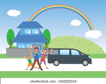 Image illustration of a happy family of four in front of the house. (Whole body)