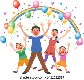 Image illustration of a happy family of four. (Whole body) (rainbow and balloons)