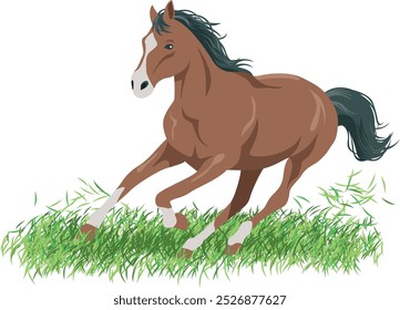 Ilustración de Imagen de un caballo corriendo apresuradamente en el césped