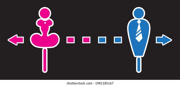 image of illustration humen symbol, man with blue, and woman in pink, with arrows and dash line in blue and pink on gray background