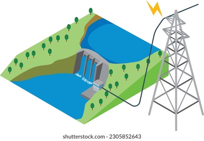 Image illustration of hydroelectric power generation and power transmission