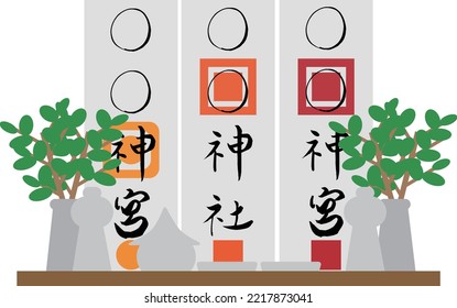 Image illustration of a Japanese altar with only bills.
translation：〇〇 Shrine, 〇〇 Shrine, 〇〇 Shrine