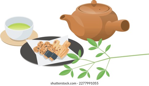 Image illustration of Japanese sweets (Arare) and green tea