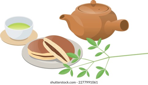 Ilustración de caramelos japoneses (dorayaki) y té verde