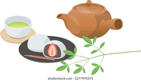 Imagen de caramelos japoneses (Ichigo Daifuku) y té verde