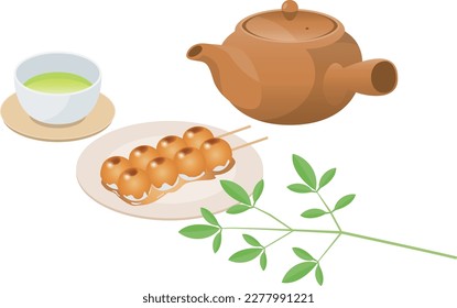 Bild-Illustration japanischer Süßigkeiten (Mitarashi dango) und grüner Tee