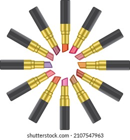 Image illustration of lipsticks lined up in a radial pattern (cosmetics)