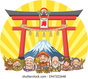 Image illustration of lucky charms (Seven Lucky Gods, Mt. Fuji, Torii)  New Year's card material