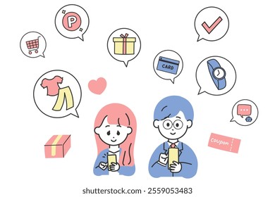 Image illustration of male and female businessmen doing online shopping