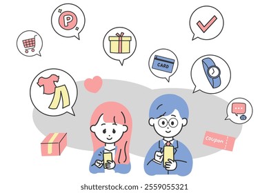 Image illustration of male and female businessmen doing online shopping