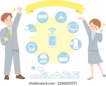 Image illustration of male and female salespeople remotely controlling home appliances with smartphones