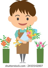 Image illustration of a male flower shop clerk holding a bouquet of flowers