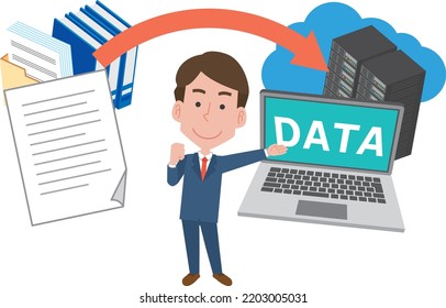 Image Illustration Of A Male Office Worker And Data Conversion From Paper