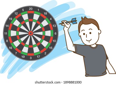 Image illustration of a man aiming at the target of darts
