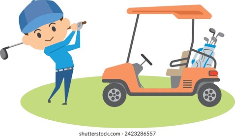 Image illustration of a man playing golf and a golf cart