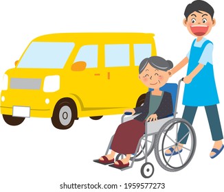 Image illustration of a man pushing a wheelchair and a car (nursing care)