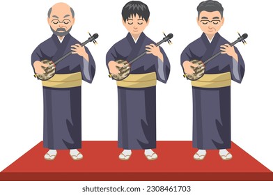 Image illustration of a man standing and playing the sanshin. (jiutai)