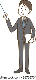 An image illustration of a man in a suit pointing. Whole body