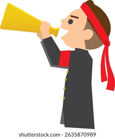Image illustration of a man wearing a school uniform cheering with a megaphone