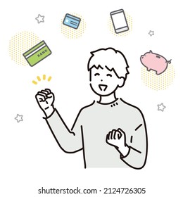 An image illustration of a man who enjoys good household management.  Vector.