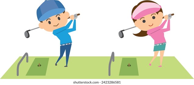 Imagen de un hombre y una mujer tomando columpios en un campo de golf