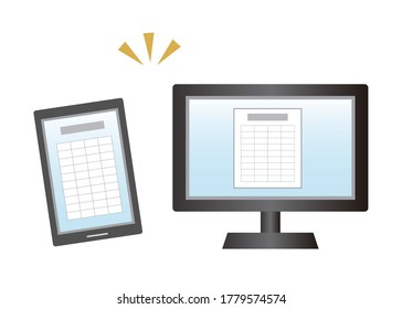 Image illustration of managing data on a computer and smartphone. Paperless.
