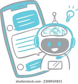 Image illustration material of an AI chatbot with an electronic board on its head that replies with a smartphone app