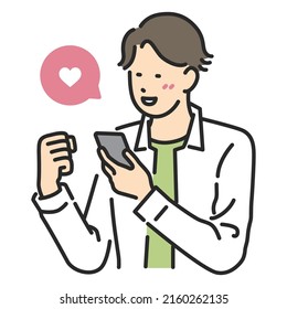 Material de ilustración de un hombre que está contento de ver un smartphone
