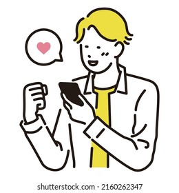 Image illustration material of a man who is pleased to see a smartphone