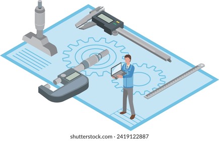 Ilustración de imágenes del diseñador mecánico y de los instrumentos de medida