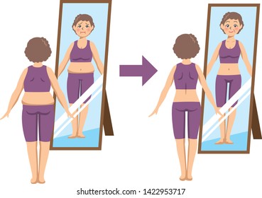 Image illustration of middle-aged woman who reflects whole body in mirror (before-after)