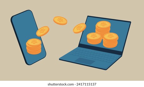 An image illustration of money being exchanged between a laptop and a mobile phone.