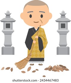 Image illustration of a monk sweeping in front of a stone lantern