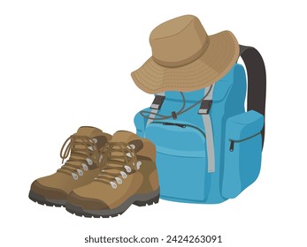 Image illustration of mountain climbing shoes, hat and backpack