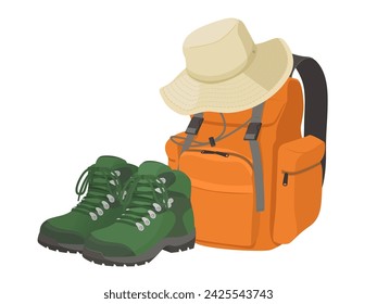 Image illustration of mountain climbing shoes, hat and backpack