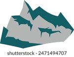 The image is an illustration of a mountain silhouette. It features a prominent, jagged mountain peak with sharp edges and multiple ridges. The mountain is depicted in a combination of dark teal and gr