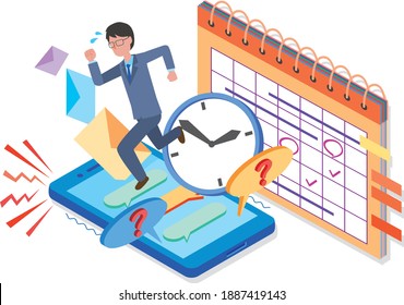 Image illustration of an office worker who is busy with delivery dates and inquiries