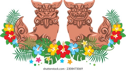 Image illustration of Okinawa's guardian deity Shisa and tropical plants