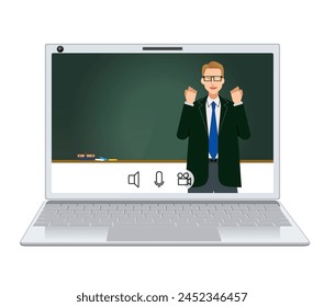 Image illustration of online class - flat design white male teacher, professor, lecturer, seminar. video conference.
