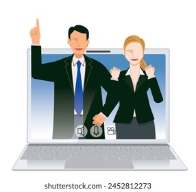 Image illustration of an online meeting - flat design of two men and women, an oriental man and a white woman businessman. video conference.