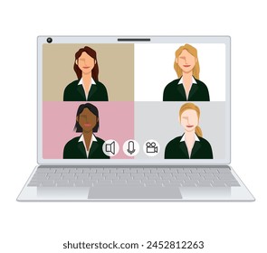 Image illustration of an online meeting of four people. Illustration of female businessmen of various races in a 4-part flat design. video conference.