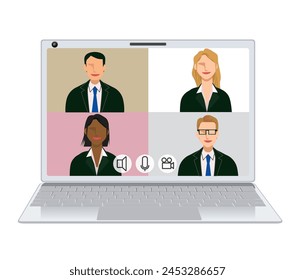 Image illustration of an online meeting of four people. Illustration of male and female businessmen of various races in a 4-part flat design. video conference.
