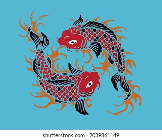 Image of illustration of a pair of red koi fish in water