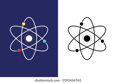 Image illustration of parts of an atom, isolated design in colored and symbols or outlines.