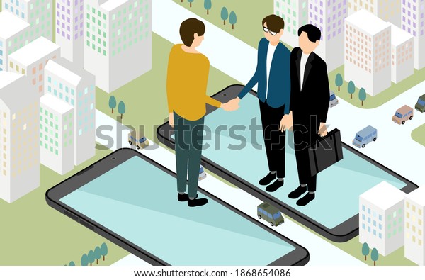 Image illustration of a person considering a\
real estate contract online,\
isometric