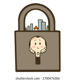 Image illustration of a person living in a locked down town. Vector illustration on white background.