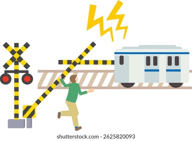 Image illustration of a person manually raising a railroad crossing gate to illegally cross while a train sounds its horn