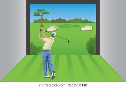 Image illustration of a person practicing in indoor golf (simulator)