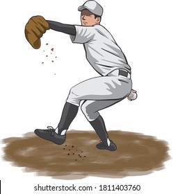 Bild-Illustration eines Pitchers, der einen Ball aus dem Heck wirft (Baseballspieler) (Vorderseite)